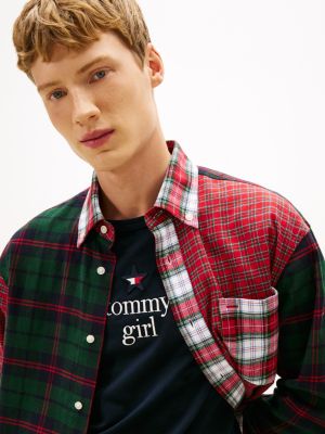 red tommy girl tartan patchwork oversized shirt for adults gender inclusive tommy jeans