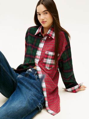red tommy girl tartan patchwork oversized shirt for adults gender inclusive tommy jeans