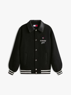 black tommy girl wool blend oversized varsity jacket for adults gender inclusive tommy jeans