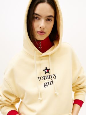 yellow tommy girl logo relaxed fleece hoody for adults gender inclusive tommy jeans