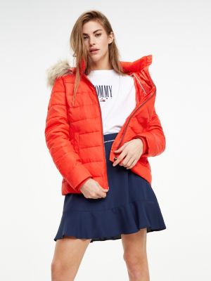 red quilted coat with fur hood