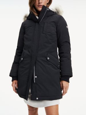 tommy jeans technical quilted parka faux fur trim hood in black