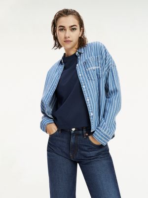 tommy hilfiger women's blue and white striped shirt