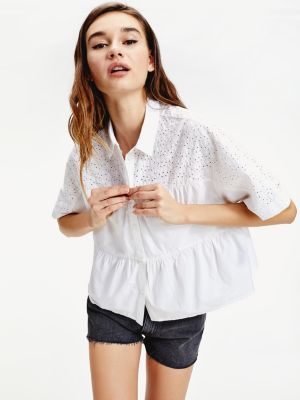 Perforated Design Gathered Blouse | WHITE | Tommy Hilfiger