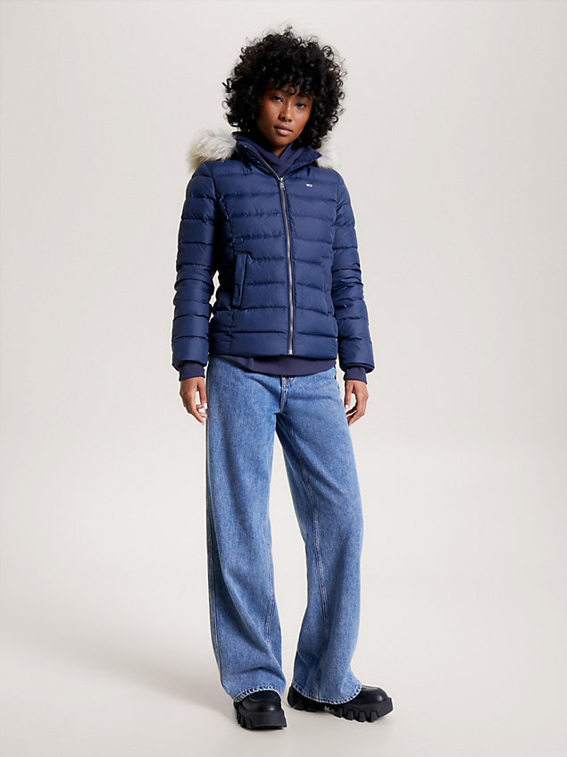 blue essential down fitted hooded jacket for women tommy jeans