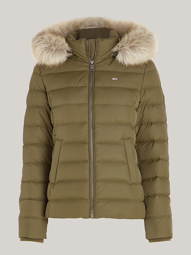 green essential down fitted hooded jacket for women tommy jeans