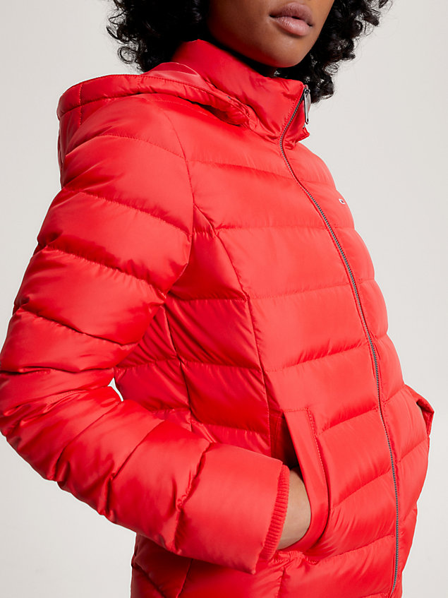 red essential down fitted hooded jacket for women tommy jeans