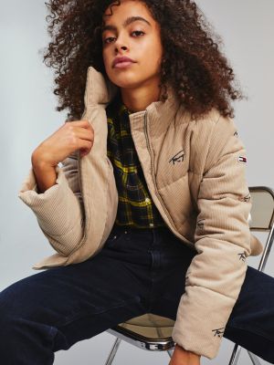 tommy jeans cord puffer jacket in beige