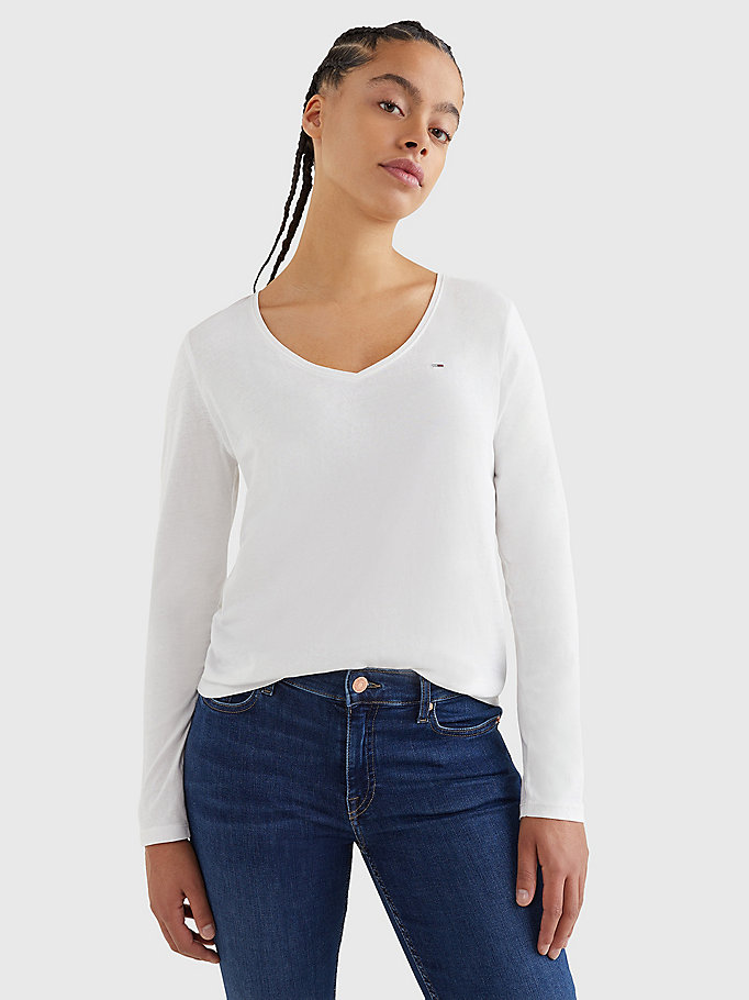 Essentials Damen Langarmshirt mit V-Ausschnitt aus 100% Baumwolle