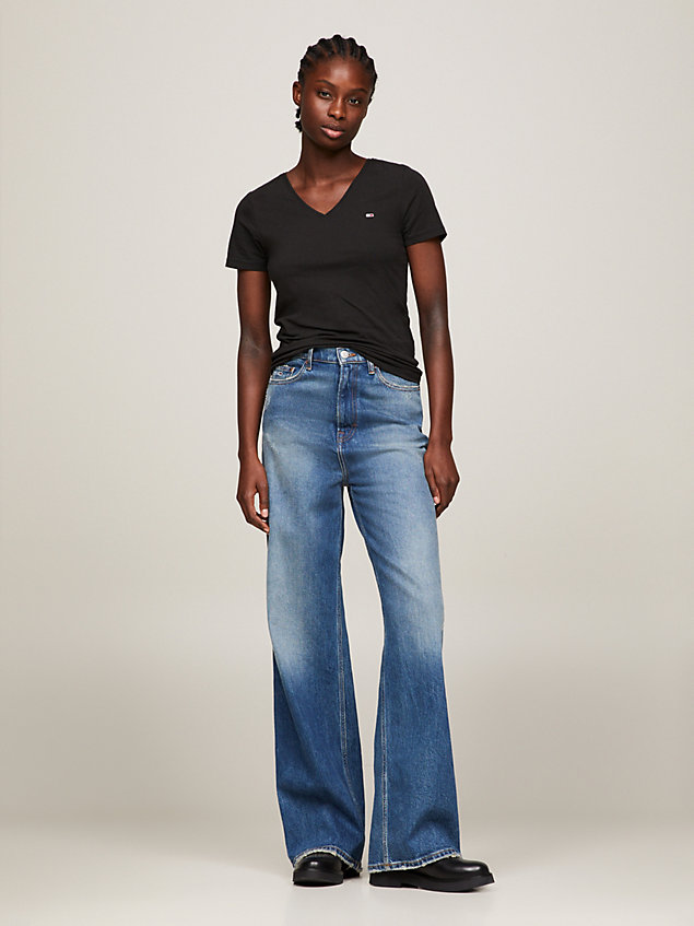 black skinny fit stretchkatoenen t-shirt met v-hals voor dames - tommy jeans