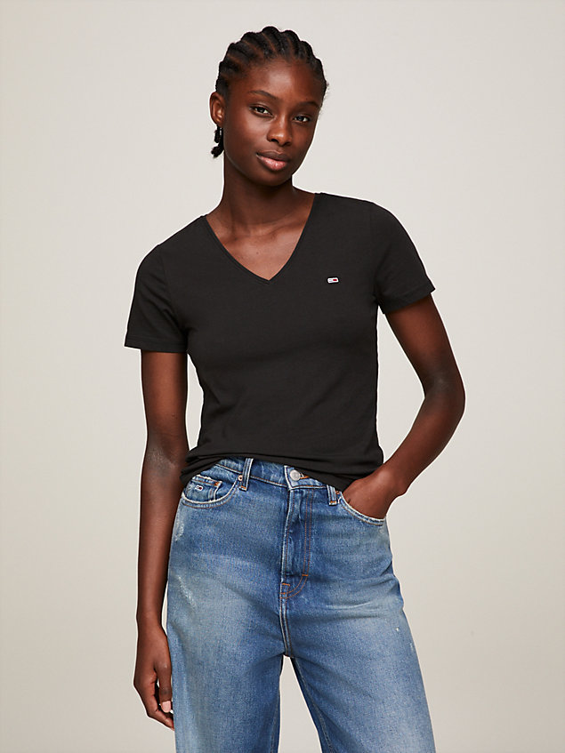 black skinny fit stretchkatoenen t-shirt met v-hals voor dames - tommy jeans