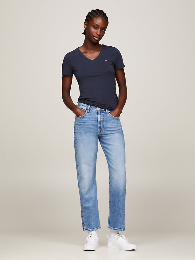 blue organic cotton skinny fit v-neck t-shirt for women tommy jeans