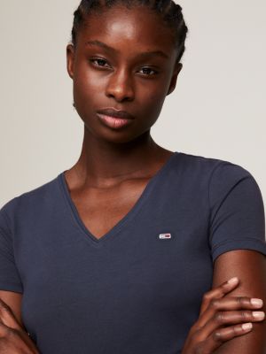 blue skinny fit stretchkatoenen t-shirt met v-hals voor dames - tommy jeans