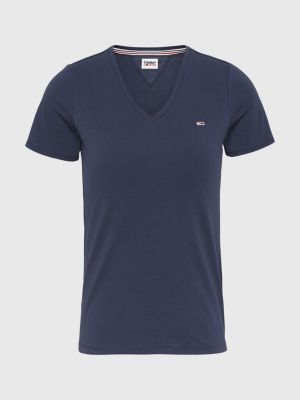 Organic Cotton Skinny Fit V-Neck T-Shirt | Blue | Tommy Hilfiger