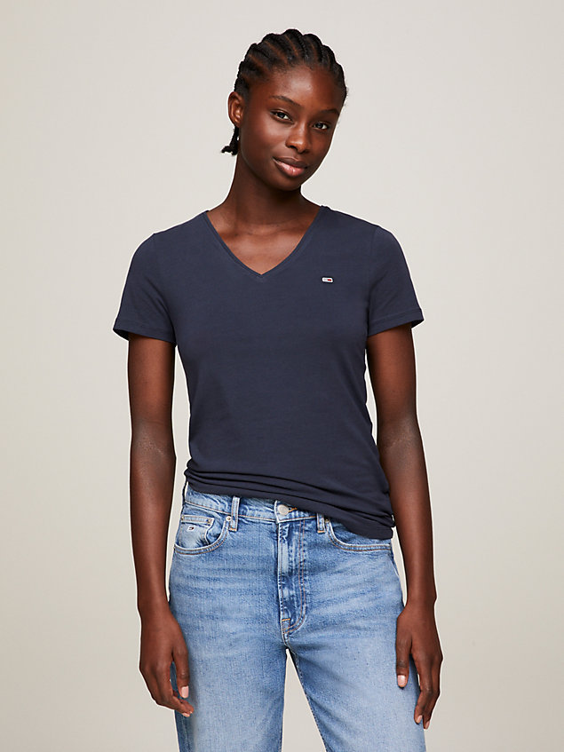 blue organic cotton skinny fit v-neck t-shirt for women tommy jeans