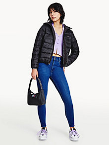 czarny pikowana kurtka z kapturem i ozdobną wstawką dla kobiety - tommy jeans