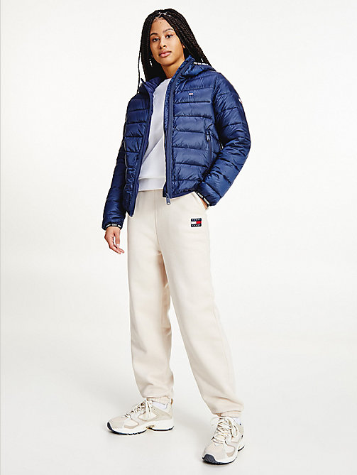 blue tape detail quilted hooded jacket for women tommy jeans