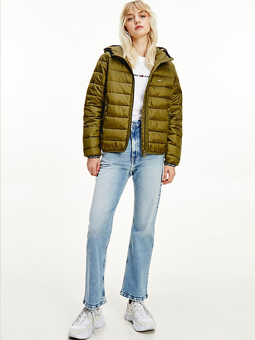 green tape detail quilted hooded jacket for women tommy jeans