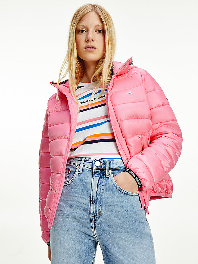 pink tape detail quilted hooded jacket for women tommy jeans