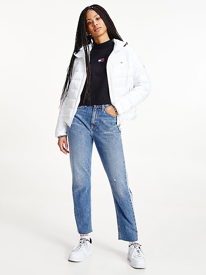 white tape detail quilted hooded jacket for women tommy jeans