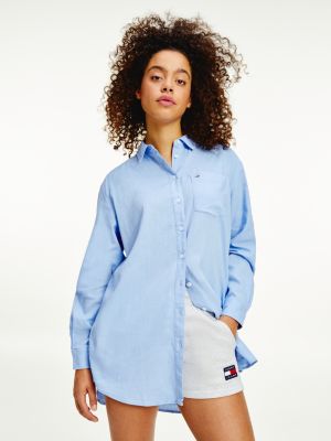 Chemise Longue Decontractee En Lin Melange Bleu Tommy Hilfiger