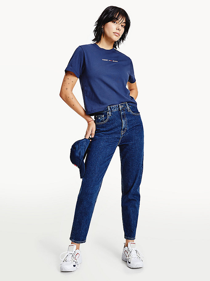 blauw t-shirt met geborduurd logo voor dames - tommy jeans