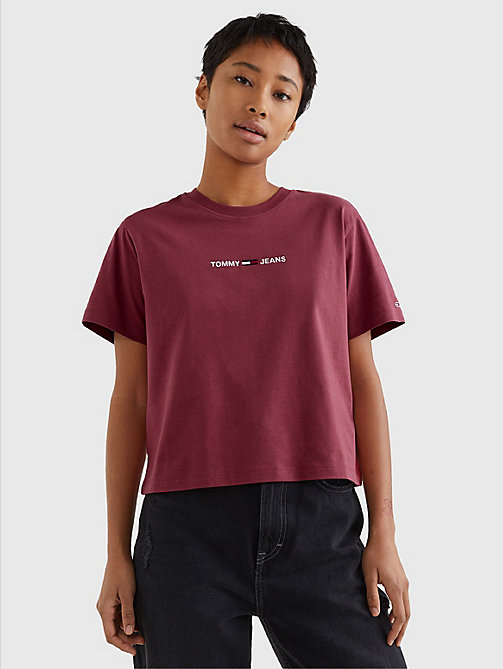 t-shirt in cotone con logo ricamato rosso da women tommy jeans
