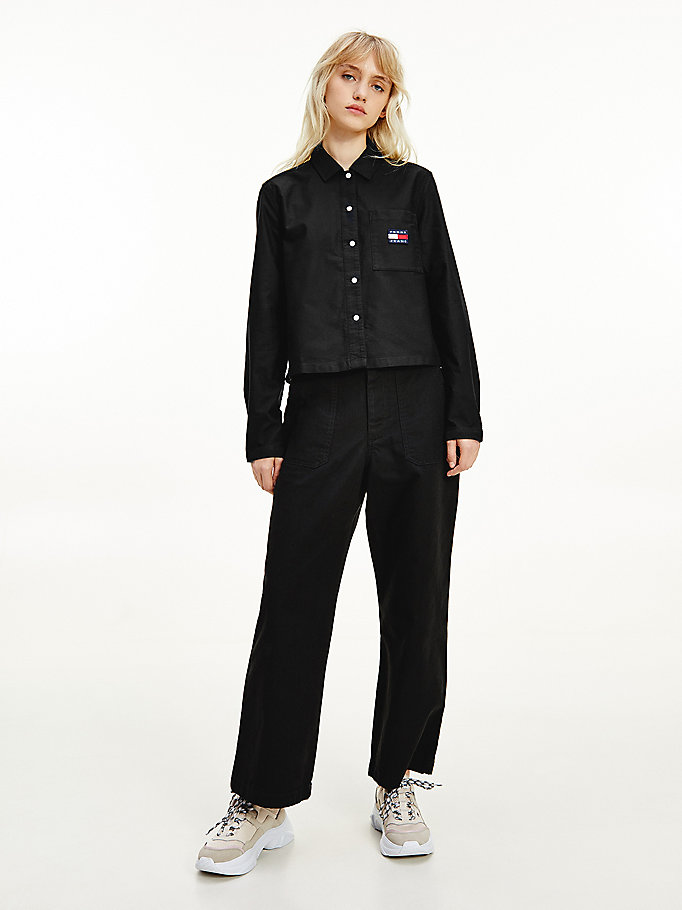 zwart biologisch katoenen overhemd met tommy-badge voor dames - tommy jeans