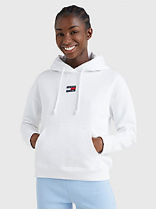 white essential badge boxy fit hoody for women tommy jeans