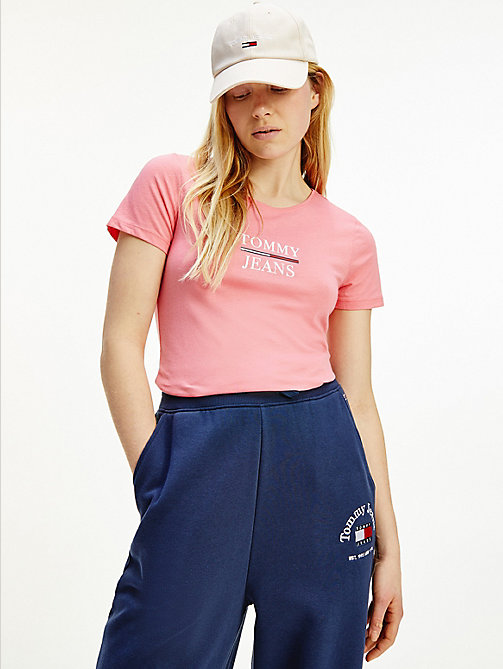 pink essential skinny fit logo t-shirt for women tommy jeans