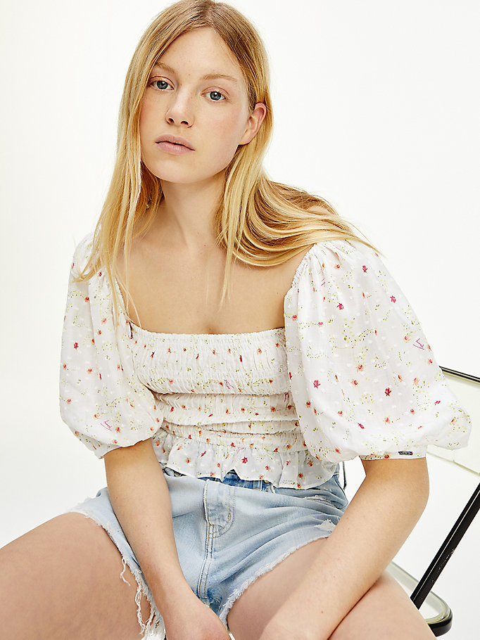 white ruched ditsy floral viscose blouse for women tommy jeans