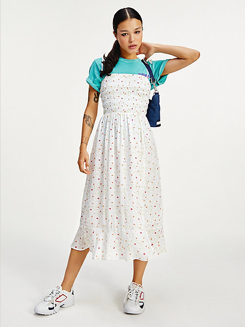 white ruched ditsy floral viscose dress for women tommy jeans