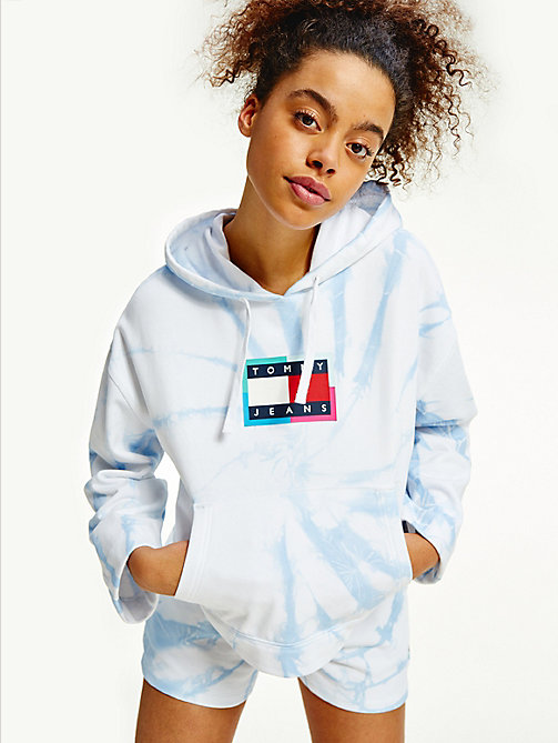 white tommy badge tie-dye boxy hoody for women tommy jeans