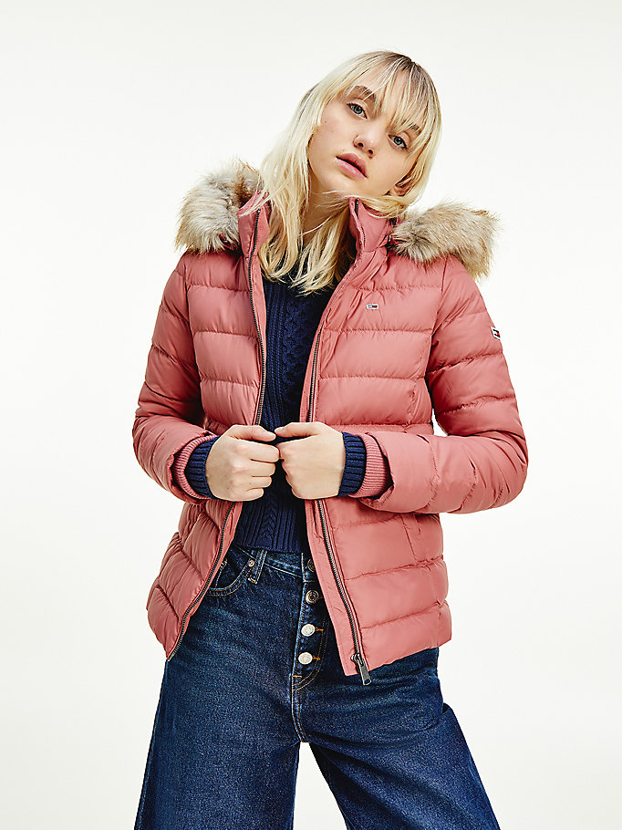 red faux fur hood down jacket for women tommy jeans
