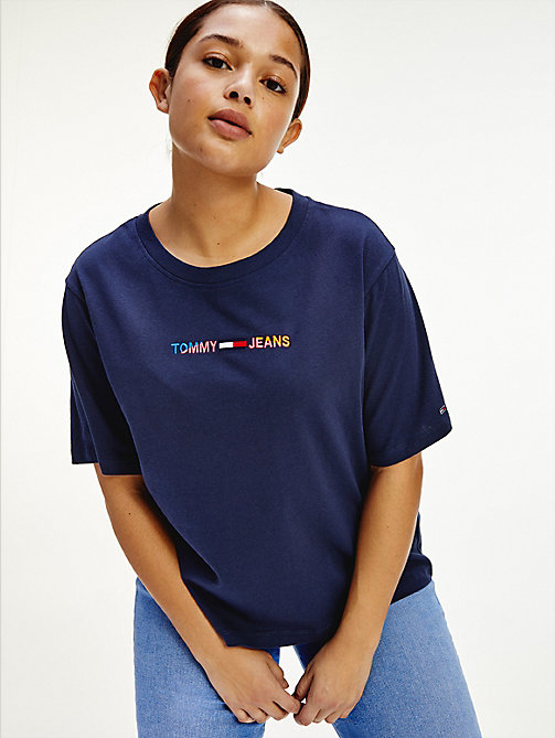 blauw curve boxy cropped t-shirt met logo voor women - tommy jeans