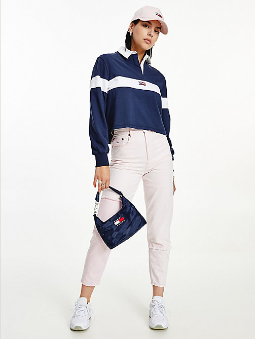 blue long sleeve cropped stripe rugby shirt for women tommy jeans