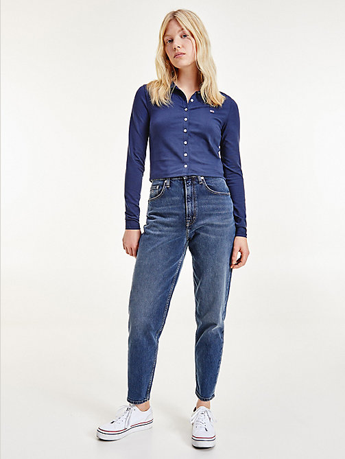 blue essential button-through long sleeve polo for women tommy jeans