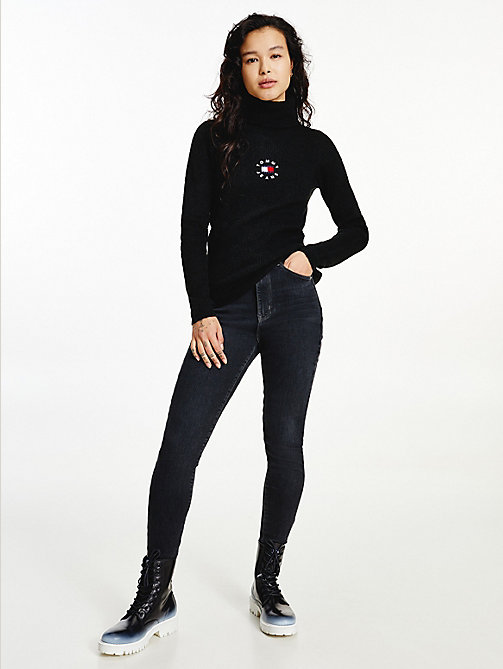 black logo embroidery ribbed roll neck jumper for women tommy jeans