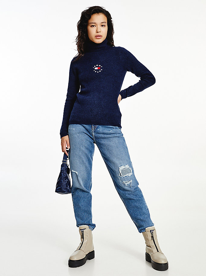 blue logo embroidery ribbed roll neck jumper for women tommy jeans