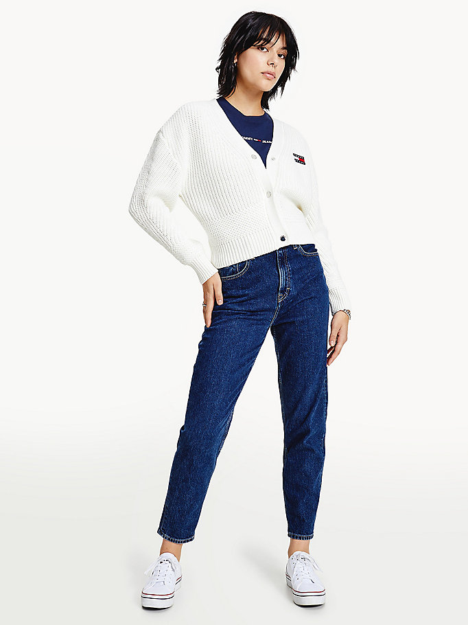 white tommy badge mixed knit cardigan for women tommy jeans