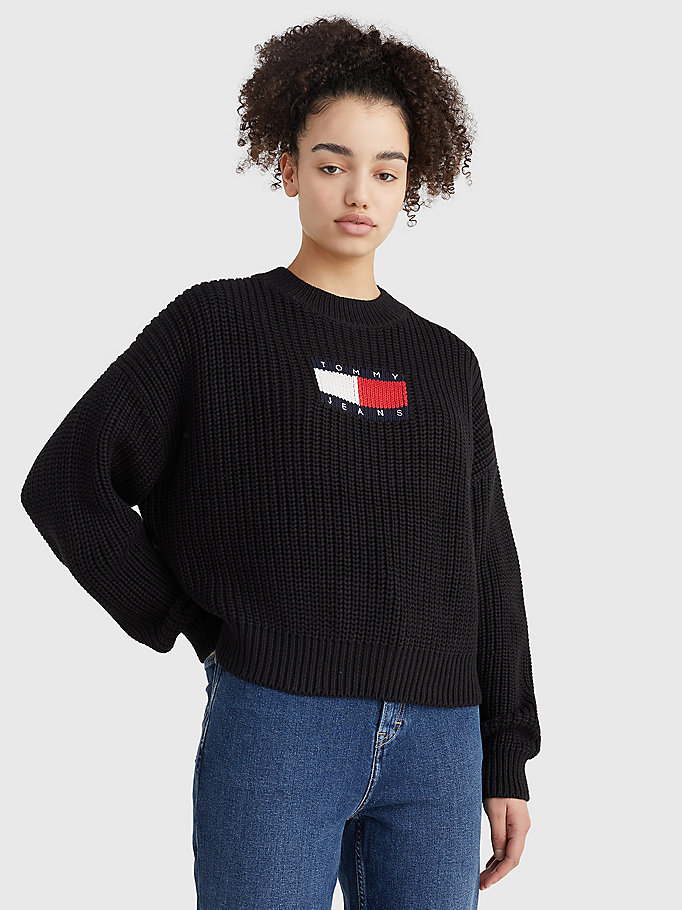 black tommy badge chunky knit jumper for women tommy jeans