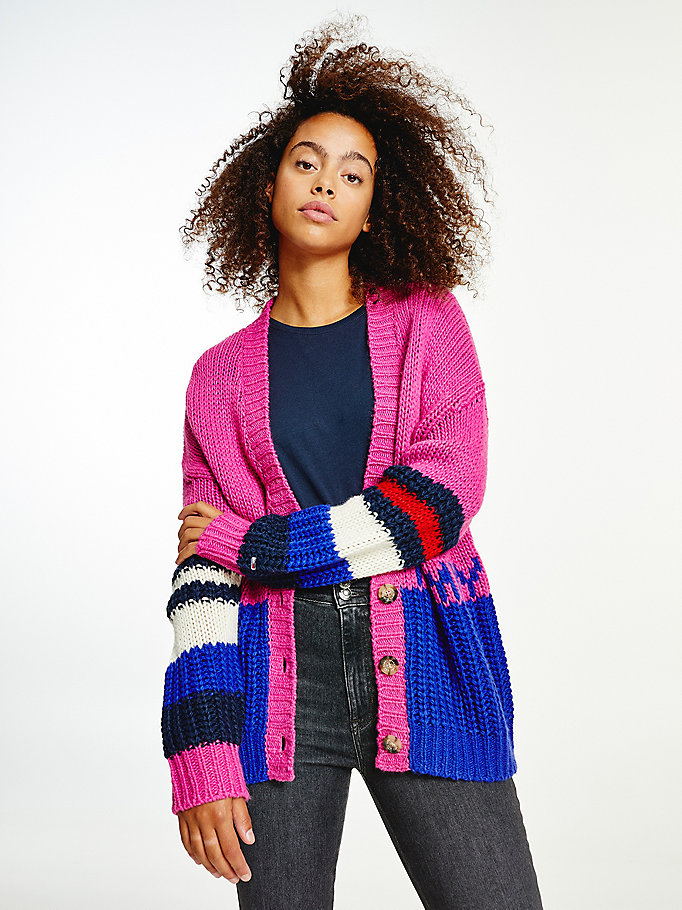purple colour-blocked knit cardigan for women tommy jeans