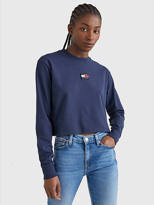 camiseta de manga larga con parche de tommy azul de mujer tommy jeans