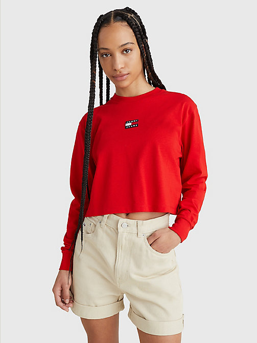 camiseta de manga larga con parche de tommy rojo de mujer tommy jeans