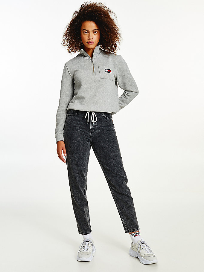 grey tommy badge quarter zip drawstring sweatshirt for women tommy jeans