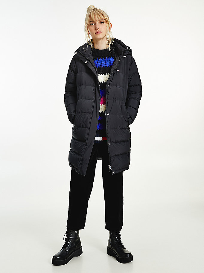 black essential long puffer coat for women tommy jeans