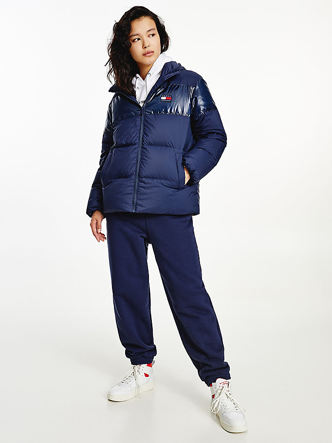 blue tommy badge down puffer jacket for women tommy jeans