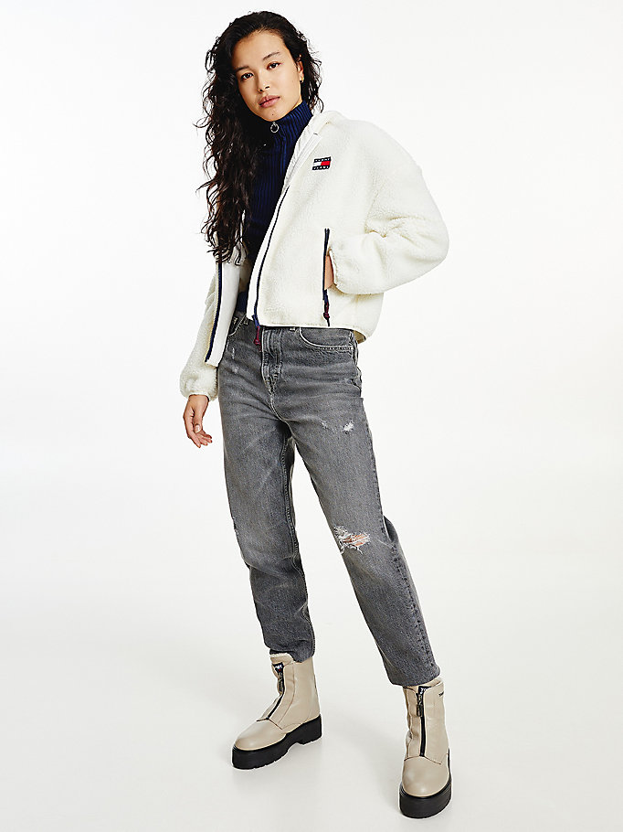 white tommy badge sherpa hooded jacket for women tommy jeans
