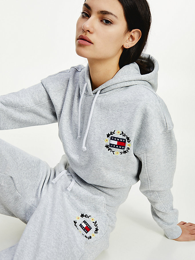 grey floral embroidery tommy badge hoody for women tommy jeans