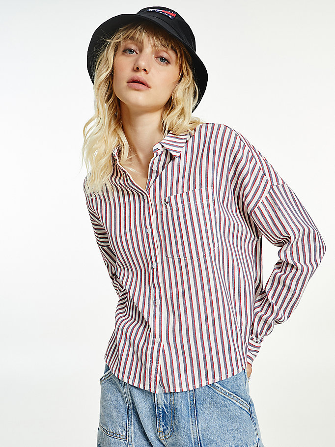 white stripe boxy oxford cotton shirt for women tommy jeans